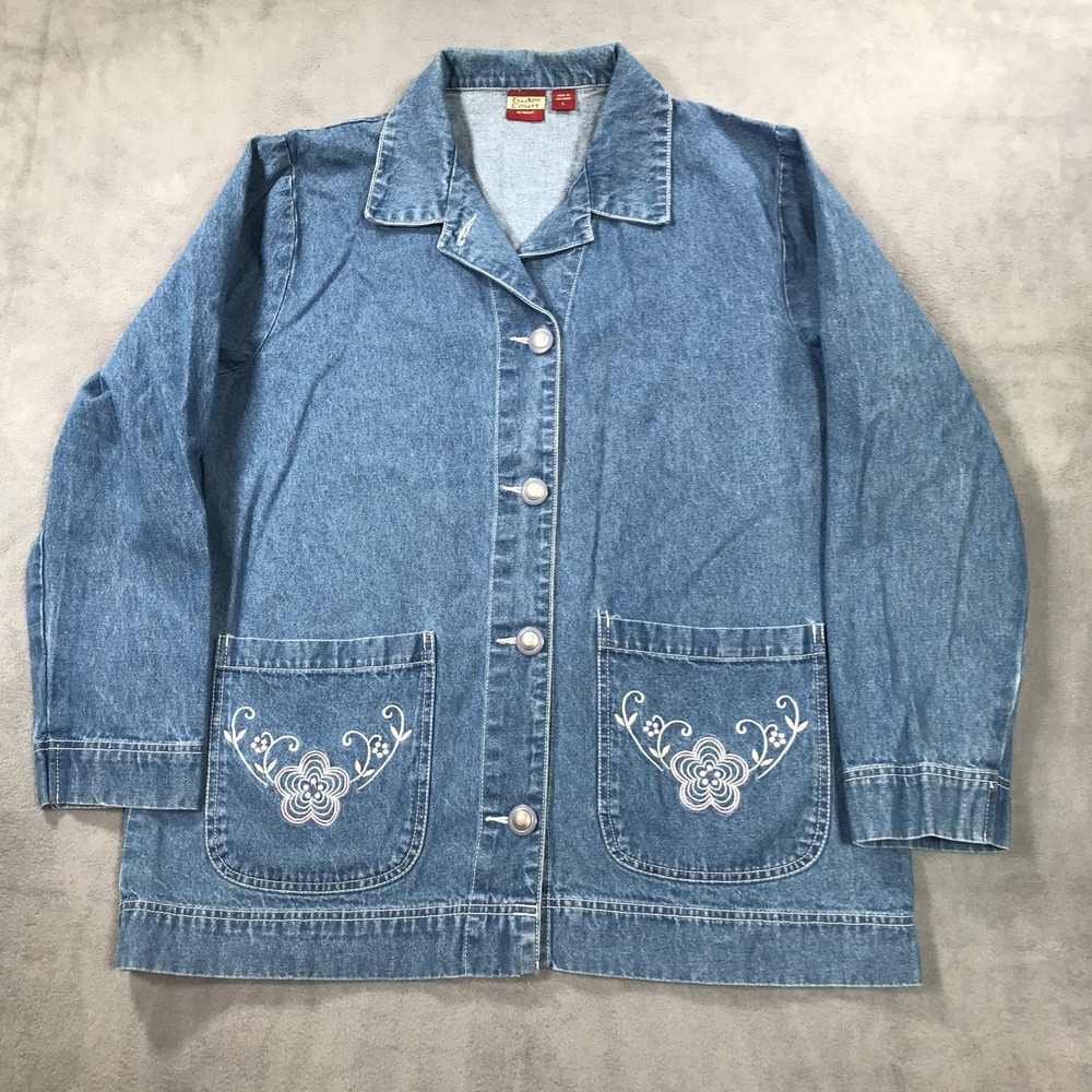 Vintage Chore Coat Barn Jacket Women's Large Blue Denim Tudor Court 90s Flowers